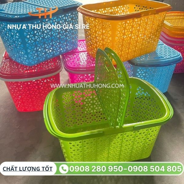 Giỏ nhựa có nắp 2 quai tiện đựng đồ, giá sỉ tận kho 6 Sỉ rẻ giỏ nhựa đựng đồ có nắp 2 quai